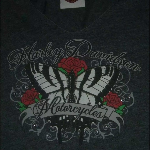 Almost Vintage Harley-Davidson Shirt Butterfly Rhinestone y2k Baby Tee Gray 2007 - Picture 6 of 12